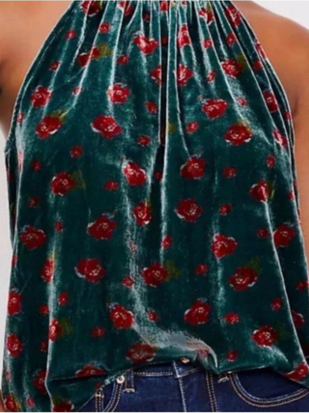 NWTags LOFT Floral Velvet Shirred Halter Top with Red Rose Print Size Small